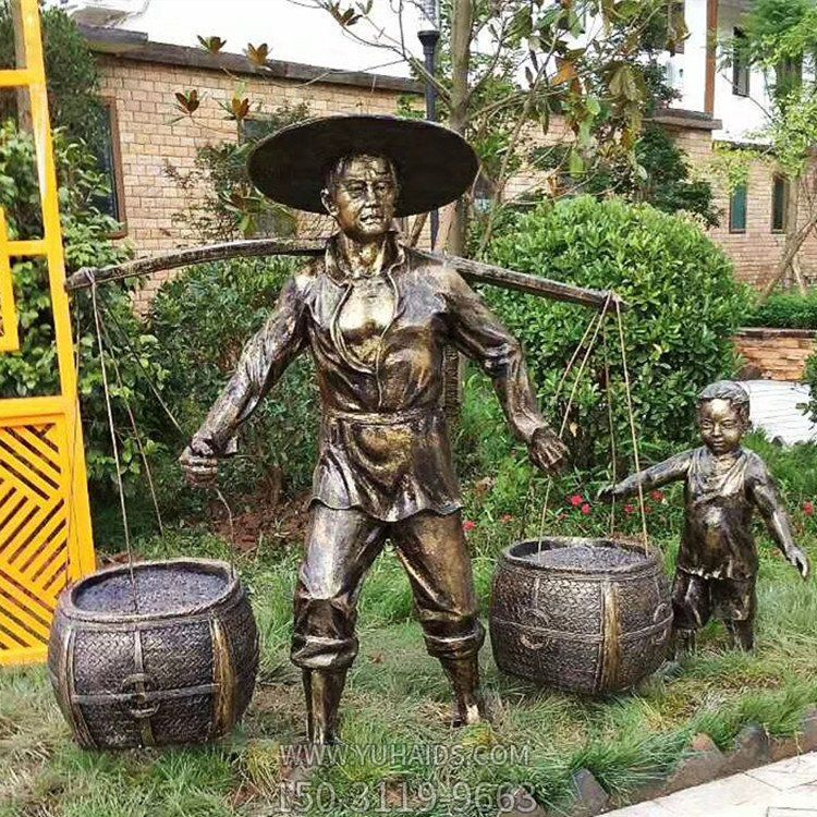 農活，挑擔子的玻璃鋼仿銅人物雕塑