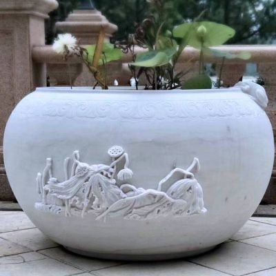 青石大理石庭院魚缸擺件仿古做舊魚缸戶外養魚缸擺件