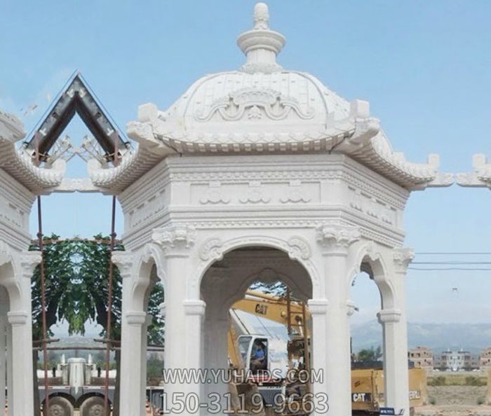 海邊景區漢白玉圓形浮雕花紋歐式涼亭擺件雕塑