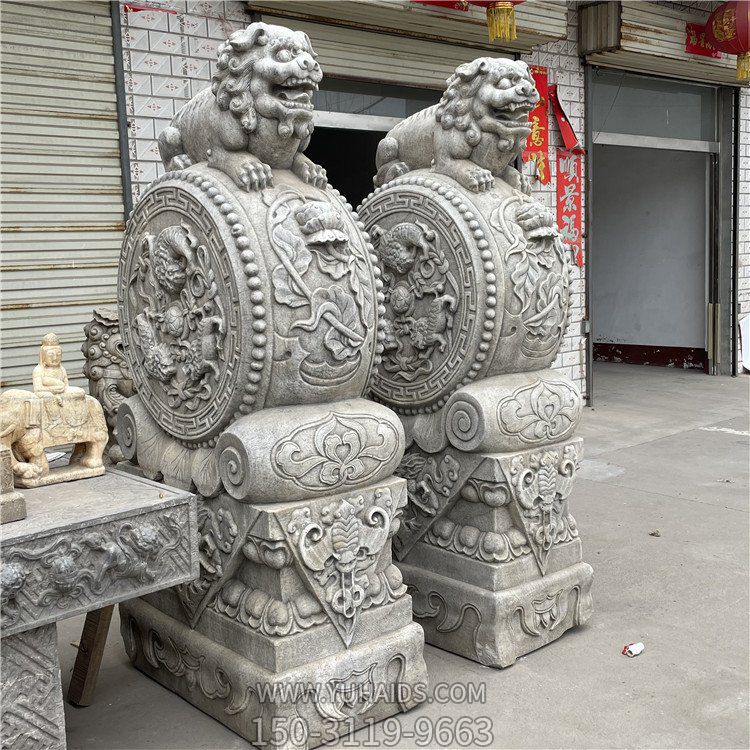 大個的石雕門墩抱鼓石，漢白玉仿古門墩雕塑