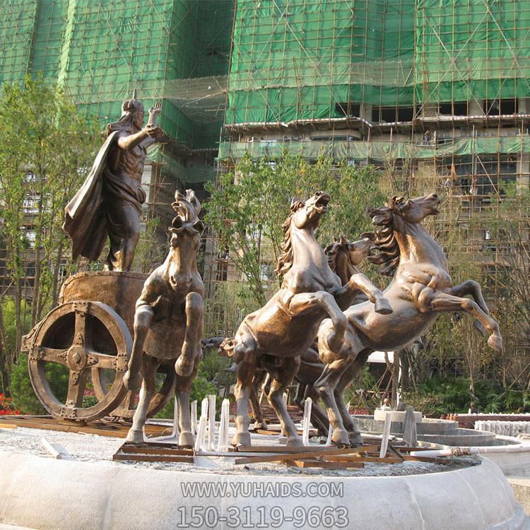小區噴泉裝飾玻璃鋼仿銅歐式馬拉車景觀雕塑