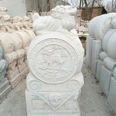 大理石石雕庭院門口一對鎮宅獅子抱鼓石