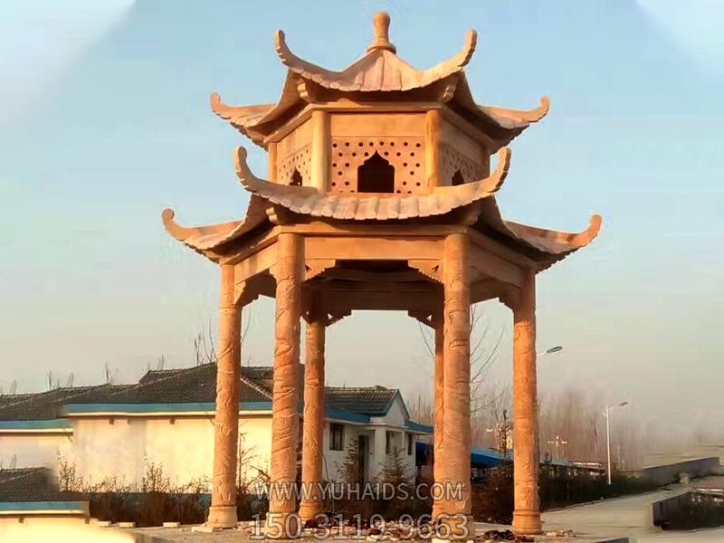 農村廣場擺放晚霞紅雙層鏤空休閑涼亭雕塑