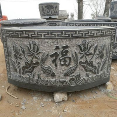 青石浮雕荷花鯉魚福字長形養(yǎng)魚水缸體院擺件