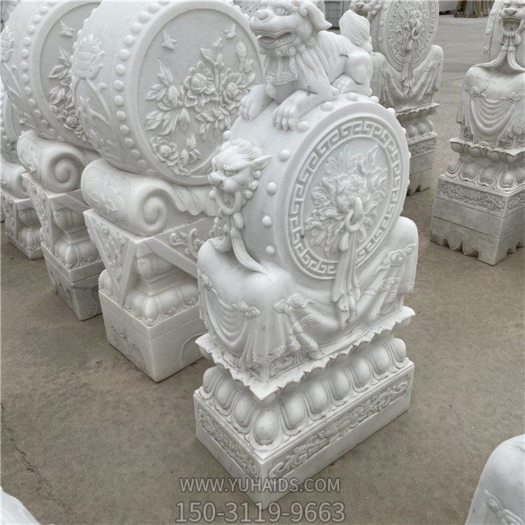 石雕漢白玉鎮宅招財小獅子門墩抱鼓石一對 雕塑