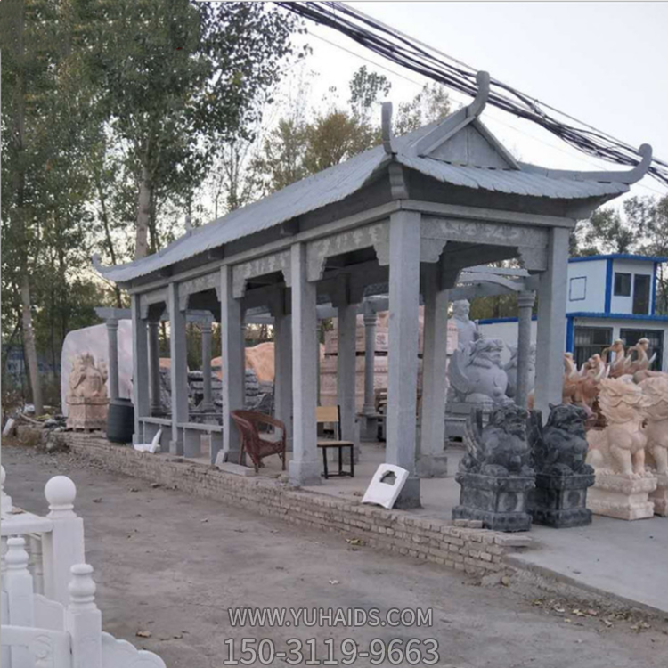 青石長廊，石雕亭子過道雕塑