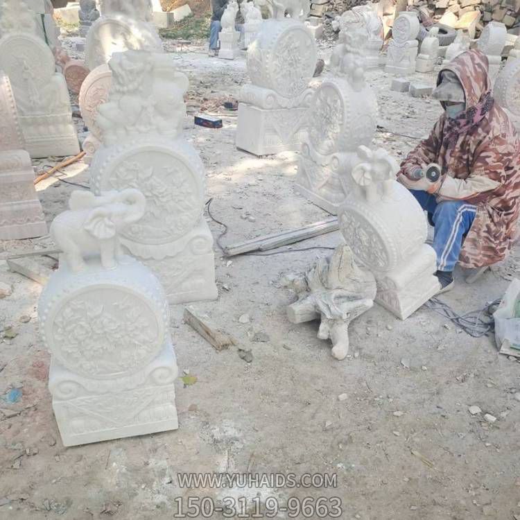 漢白玉石雕戶外庭院門口一對鎮宅大象抱鼓石雕塑