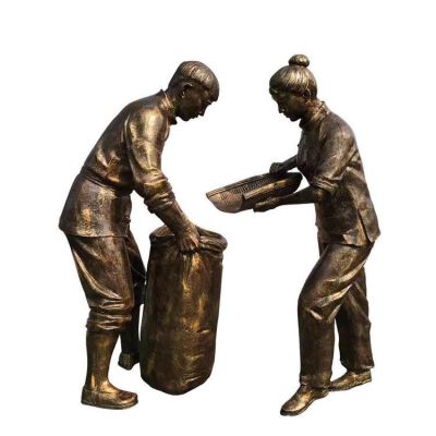 農耕文化景區廣場擺放玻璃鋼仿銅裝糧食民俗人物小品雕塑