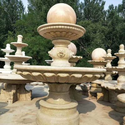 黃銹巖雕刻歐式小區花園戶外擺放大型流水水缽