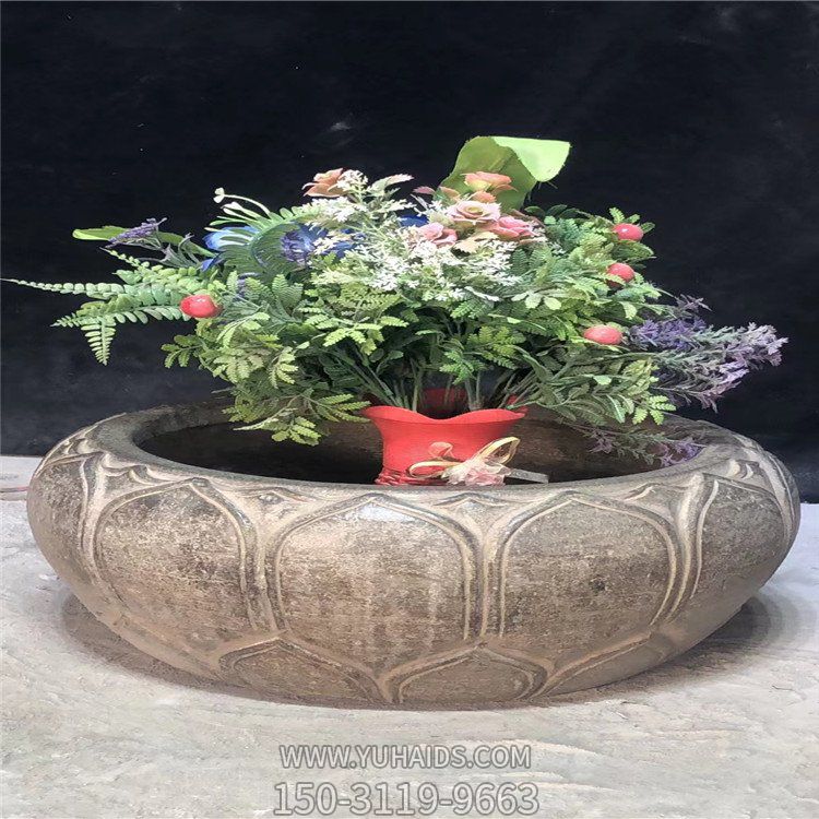 仿古圓形青石蓮花盆庭院裝飾擺件雕塑