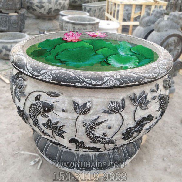園林?jǐn)[放天然石材雕刻蓮花魚(yú)缸花盆雕塑