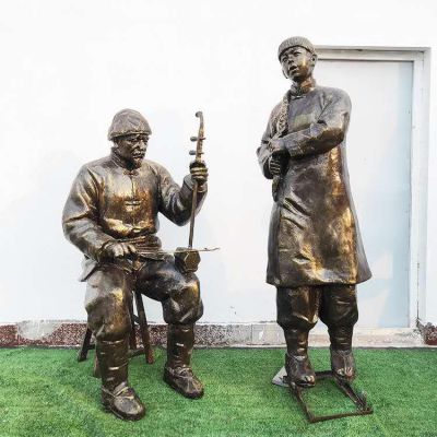 景區(qū)街道擺放玻璃鋼仿銅彈唱賣(mài)藝民俗人物小品